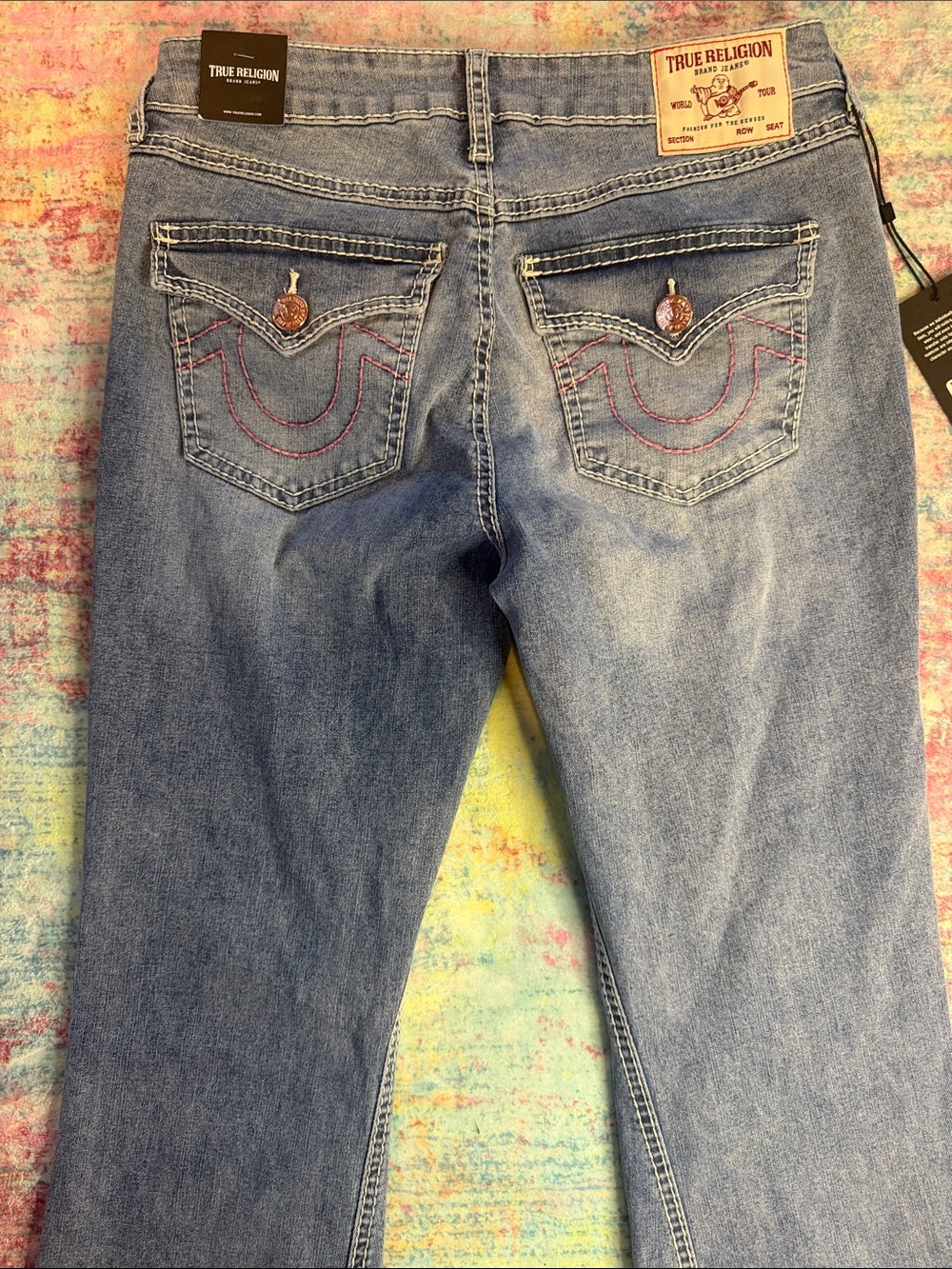 True Religion Light Blue Bootcut Jeans with Signature Stitching